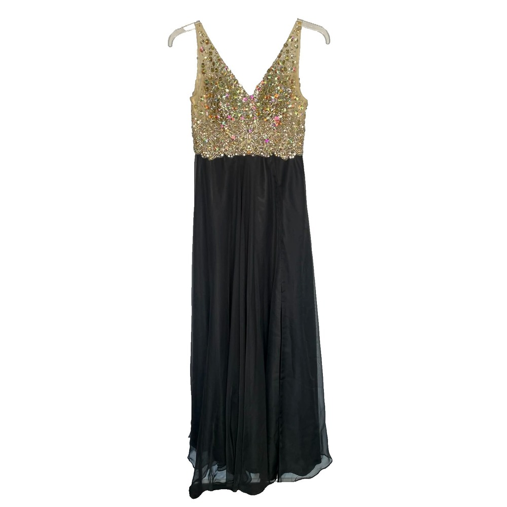 Vintage Y2K Chicas Beaded Rhinestone Sequin Long Black Dress Evening Gown Small
